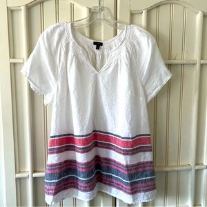 TALBOT XLP women’s blouse, white navy pink, 100% linen, like new, short sleeve.